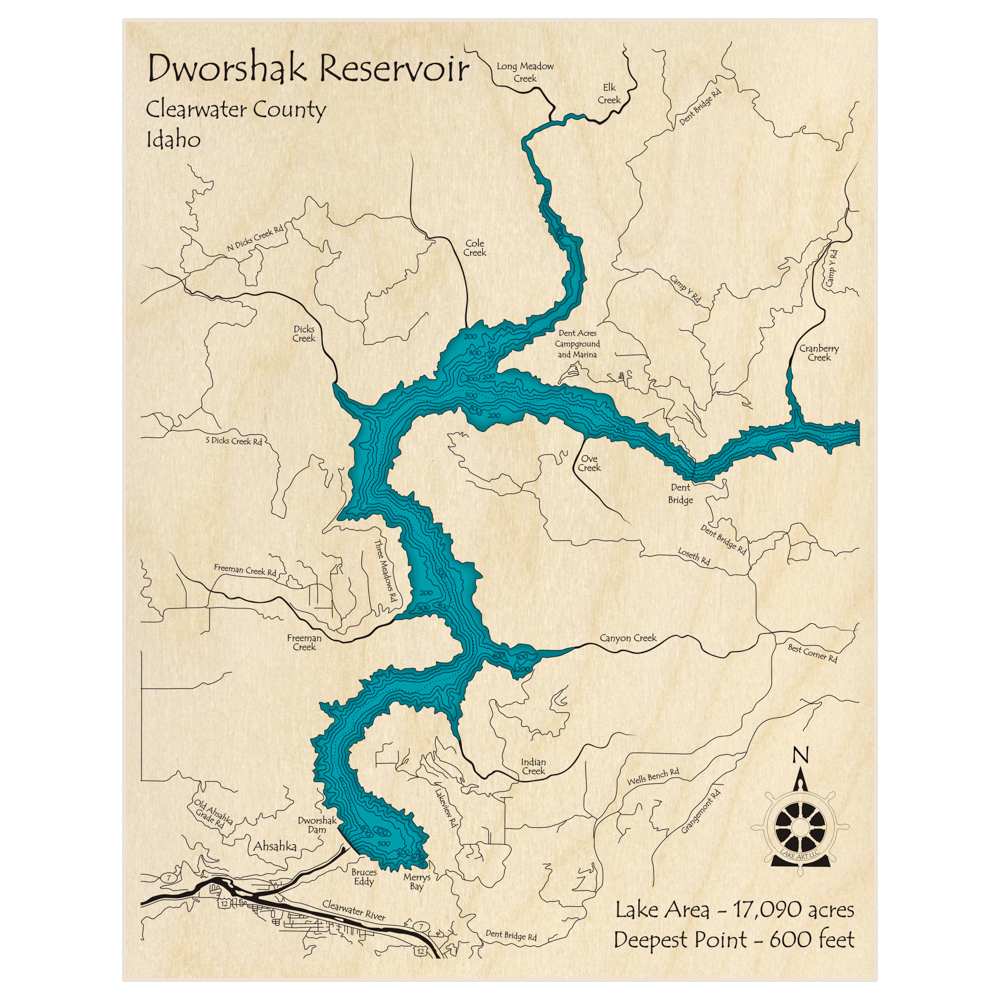 Bathymetric topo map of Dworshak Reservoir (Zoomed In Dam to Dent Bridge) with roads, towns and depths noted in blue water