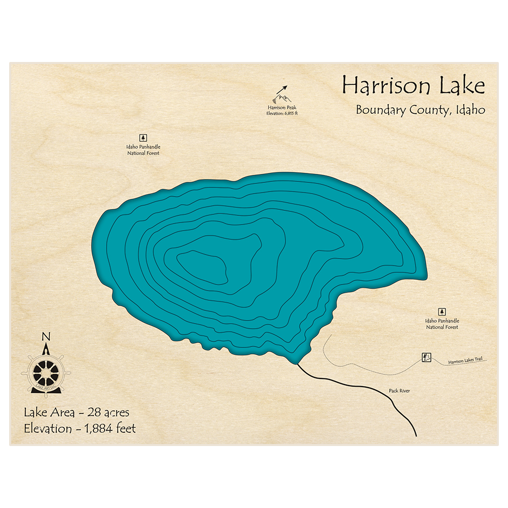 Bathymetric topo map of Harrison Lake with roads, towns and depths noted in blue water