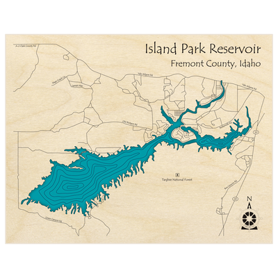 Bathymetric topo map of Island Park Reservoir  with roads, towns and depths noted in blue water