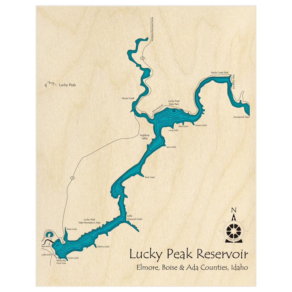 Bathymetric topo map of Lucky Peak Reservoir  with roads, towns and depths noted in blue water