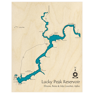 Bathymetric topo map of Lucky Peak Reservoir  with roads, towns and depths noted in blue water