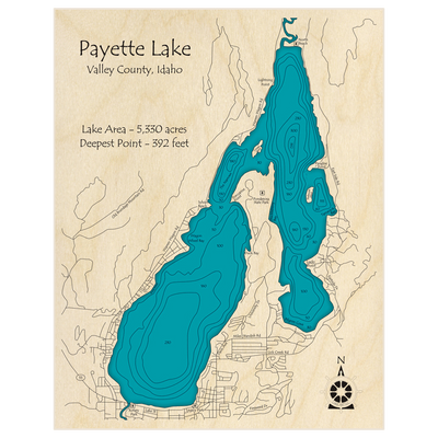 Bathymetric topo map of Payette Lake with roads, towns and depths noted in blue water