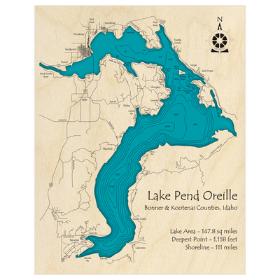 Bathymetric topo map of Lake Pend Oreille with roads, towns and depths noted in blue water