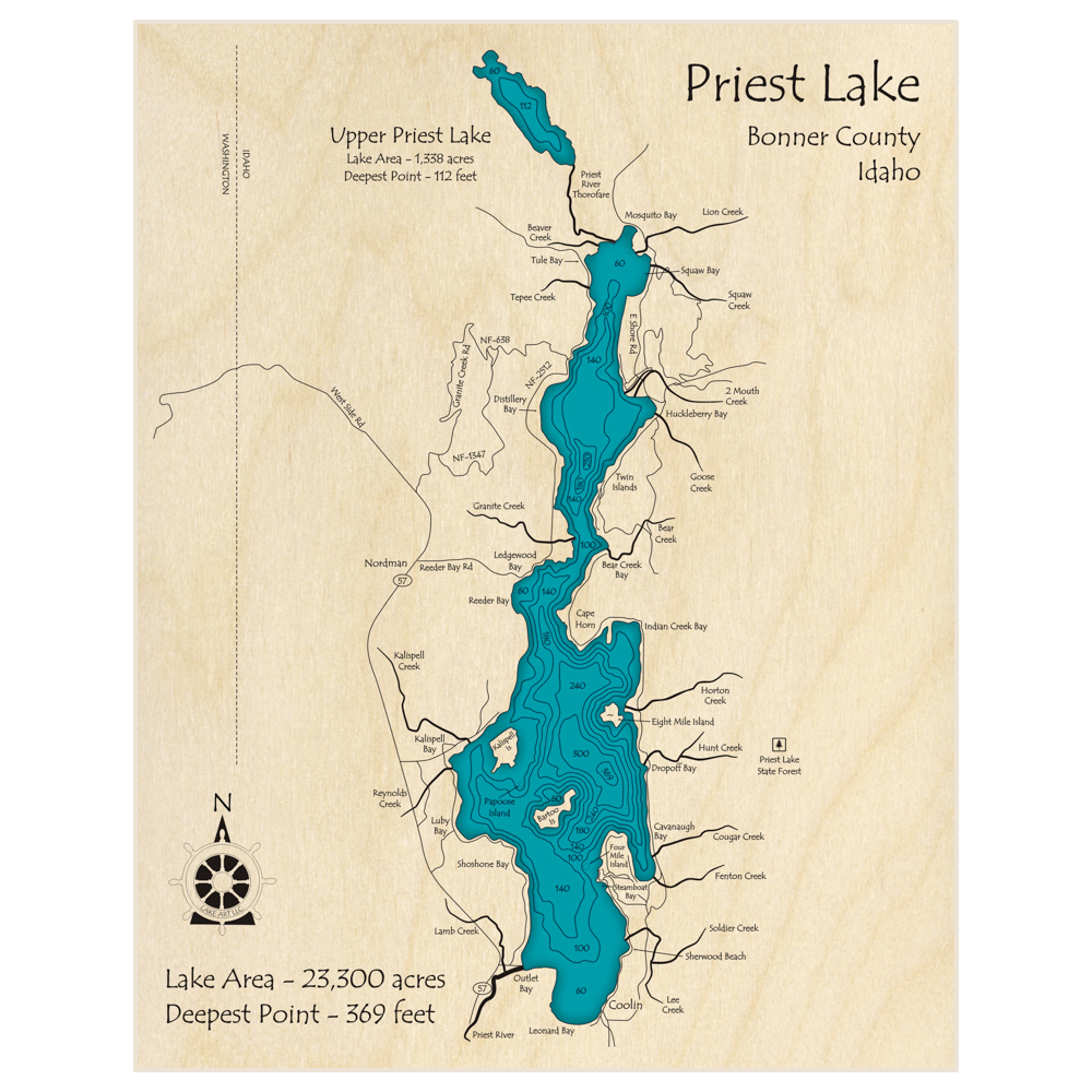 Bathymetric topo map of Priest Lake (Upper and Lower) with roads, towns and depths noted in blue water