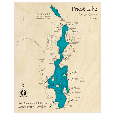 Bathymetric topo map of Priest Lake (Upper and Lower) with roads, towns and depths noted in blue water