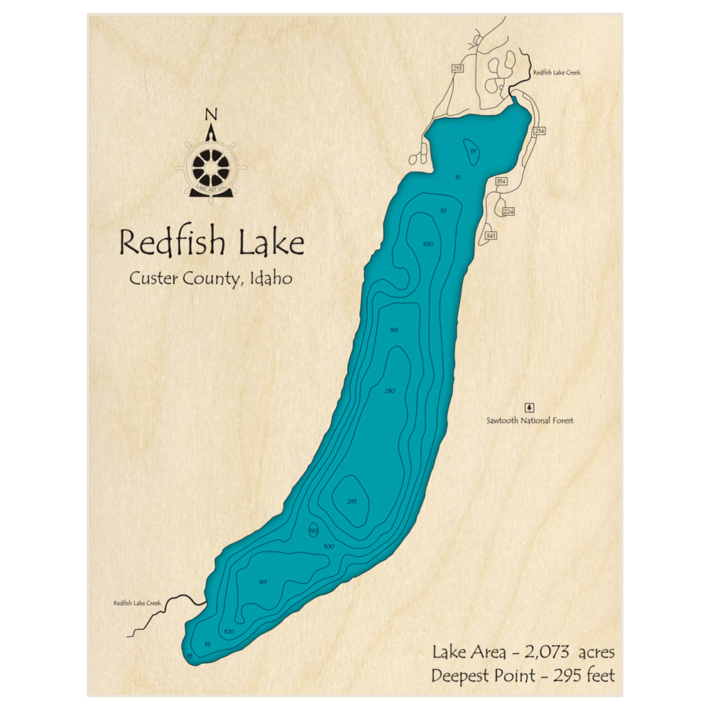 Bathymetric topo map of Redfish Lake with roads, towns and depths noted in blue water