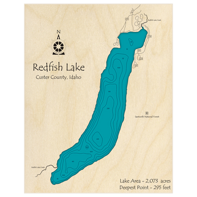 Bathymetric topo map of Redfish Lake with roads, towns and depths noted in blue water