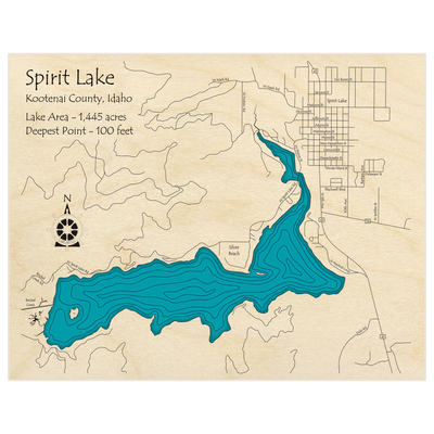 Bathymetric topo map of Spirit Lake  with roads, towns and depths noted in blue water