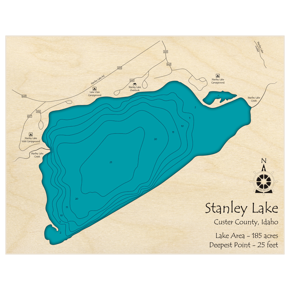 Bathymetric topo map of Stanley Lake with roads, towns and depths noted in blue water