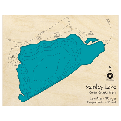 Bathymetric topo map of Stanley Lake with roads, towns and depths noted in blue water