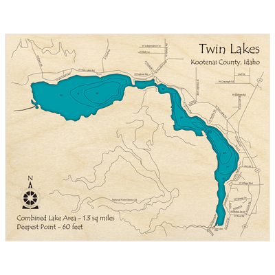 Bathymetric topo map of Twin Lakes with roads, towns and depths noted in blue water