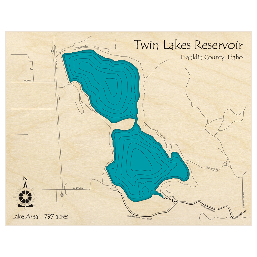 Bathymetric topo map of Twin Lakes Reservoir  with roads, towns and depths noted in blue water