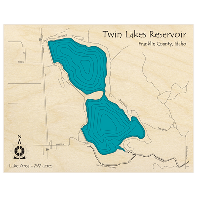 Bathymetric topo map of Twin Lakes Reservoir  with roads, towns and depths noted in blue water