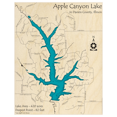 Bathymetric topo map of Apple Canyon Lake with roads, towns and depths noted in blue water