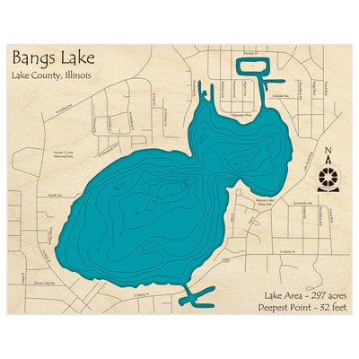 Bathymetric topo map of Bangs Lake with roads, towns and depths noted in blue water