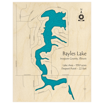 Bathymetric topo map of Bayles Lake with roads, towns and depths noted in blue water