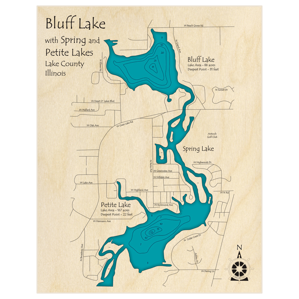 Bathymetric topo map of Bluff Lake (With Spring and Petite Lakes) with roads, towns and depths noted in blue water