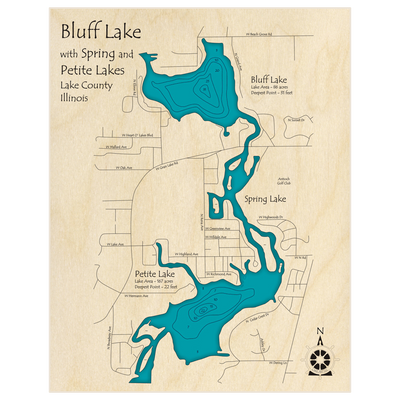 Bathymetric topo map of Bluff Lake (With Spring and Petite Lakes) with roads, towns and depths noted in blue water