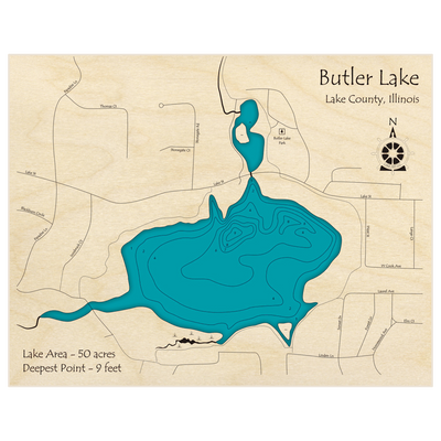 Bathymetric topo map of Butler Lake with roads, towns and depths noted in blue water