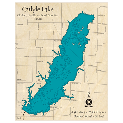 Bathymetric topo map of Carlyle Lake with roads, towns and depths noted in blue water