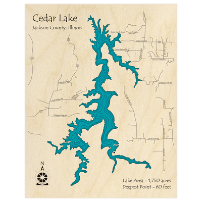 Bathymetric topo map of Cedar Lake with roads, towns and depths noted in blue water