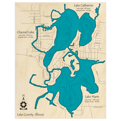 Bathymetric topo map of Channel Lake (with Lakes Catherine and Marie) with roads, towns and depths noted in blue water