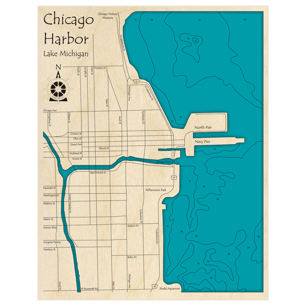 Bathymetric topo map of Chicago Harbor (at Navy Pier) with roads, towns and depths noted in blue water