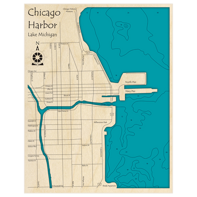 Bathymetric topo map of Chicago Harbor (at Navy Pier) with roads, towns and depths noted in blue water