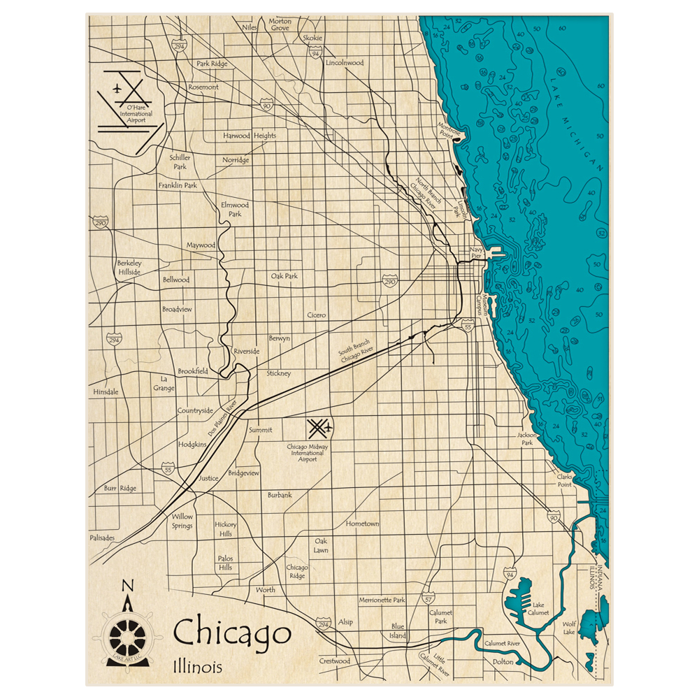 Bathymetric topo map of City of Chicago (Note: Shows More Land than Water) with roads, towns and depths noted in blue water