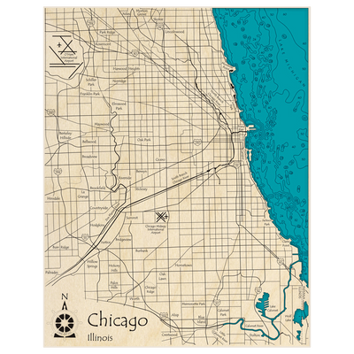 Bathymetric topo map of City of Chicago (Note: Shows More Land than Water) with roads, towns and depths noted in blue water