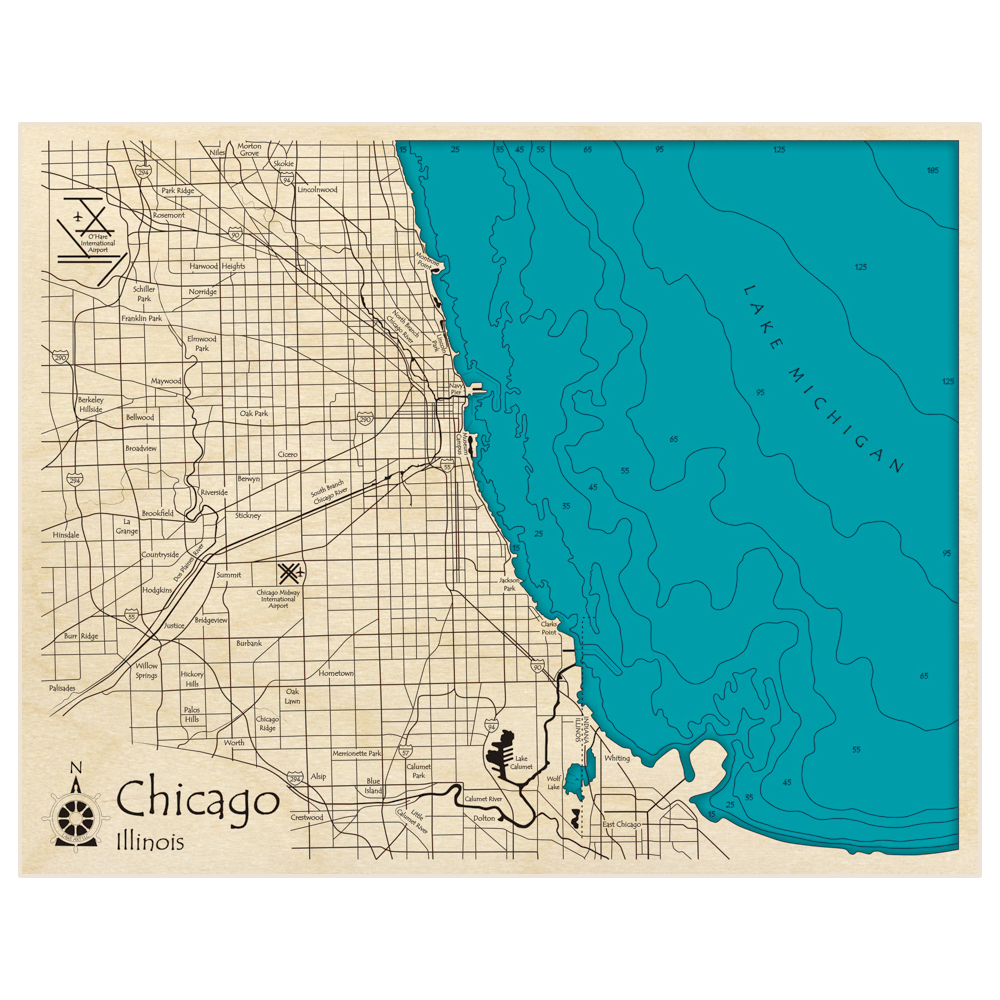 Bathymetric topo map of Chicago (LANDSCAPE VERSION) with roads, towns and depths noted in blue water
