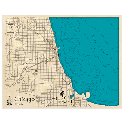Bathymetric topo map of Chicago (LANDSCAPE VERSION) with roads, towns and depths noted in blue water