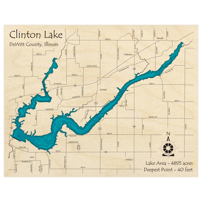 Bathymetric topo map of Clinton Lake with roads, towns and depths noted in blue water
