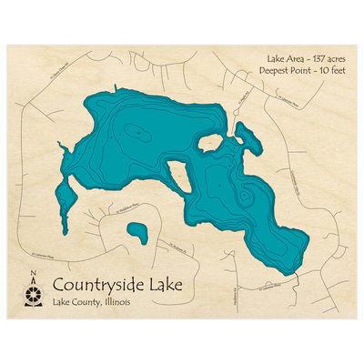 Bathymetric topo map of Countryside Lake with roads, towns and depths noted in blue water