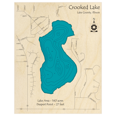 Bathymetric topo map of Crooked Lake with roads, towns and depths noted in blue water
