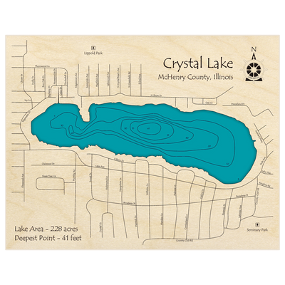 Bathymetric topo map of Crystal Lake with roads, towns and depths noted in blue water
