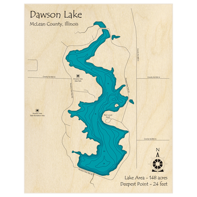 Bathymetric topo map of Dawson Lake with roads, towns and depths noted in blue water