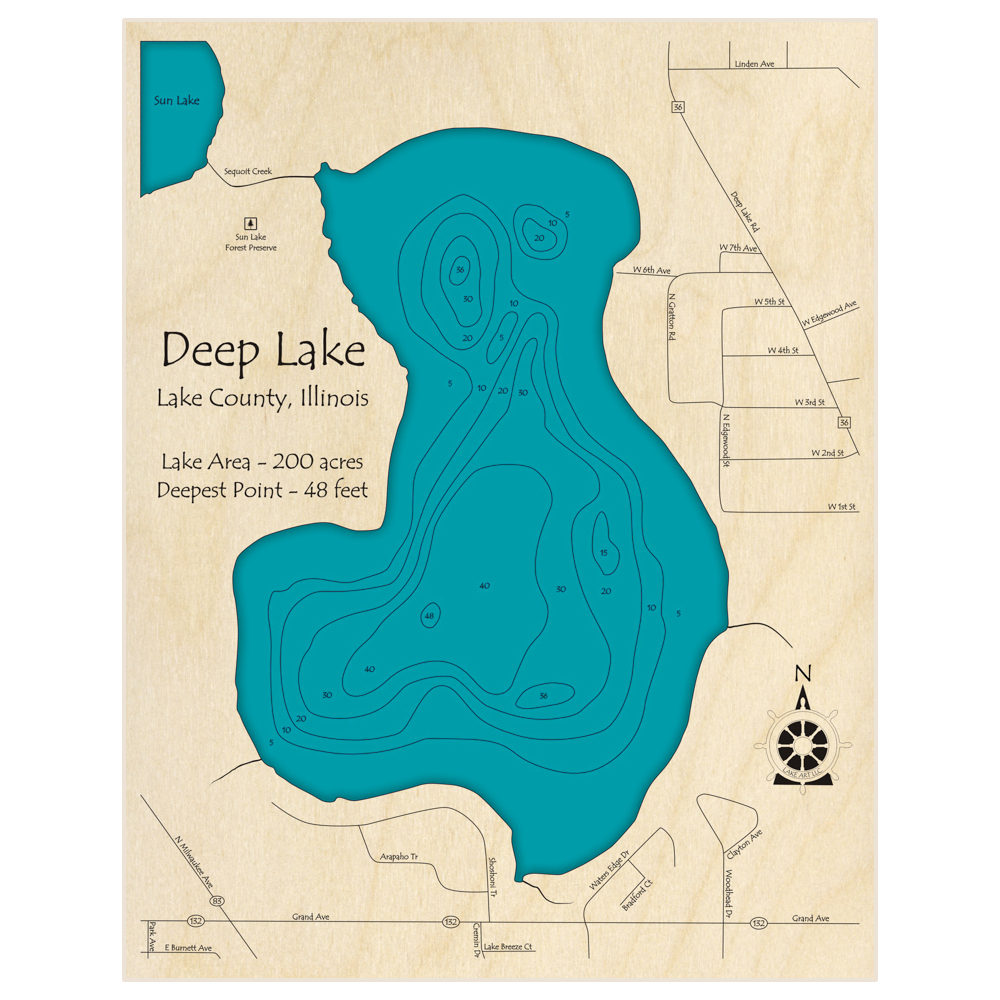 Bathymetric topo map of Deep Lake with roads, towns and depths noted in blue water