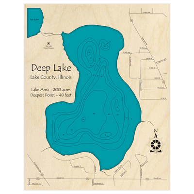 Bathymetric topo map of Deep Lake with roads, towns and depths noted in blue water