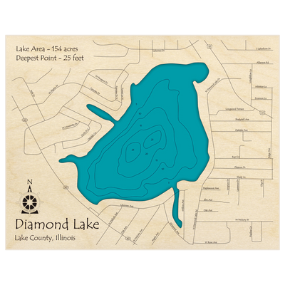Bathymetric topo map of Diamond Lake with roads, towns and depths noted in blue water
