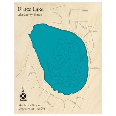 Bathymetric topo map of Druce Lake with roads, towns and depths noted in blue water
