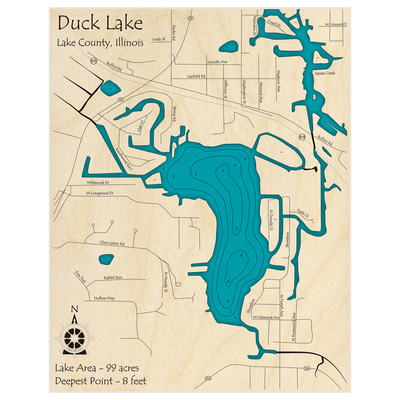 Bathymetric topo map of Duck Lake with roads, towns and depths noted in blue water