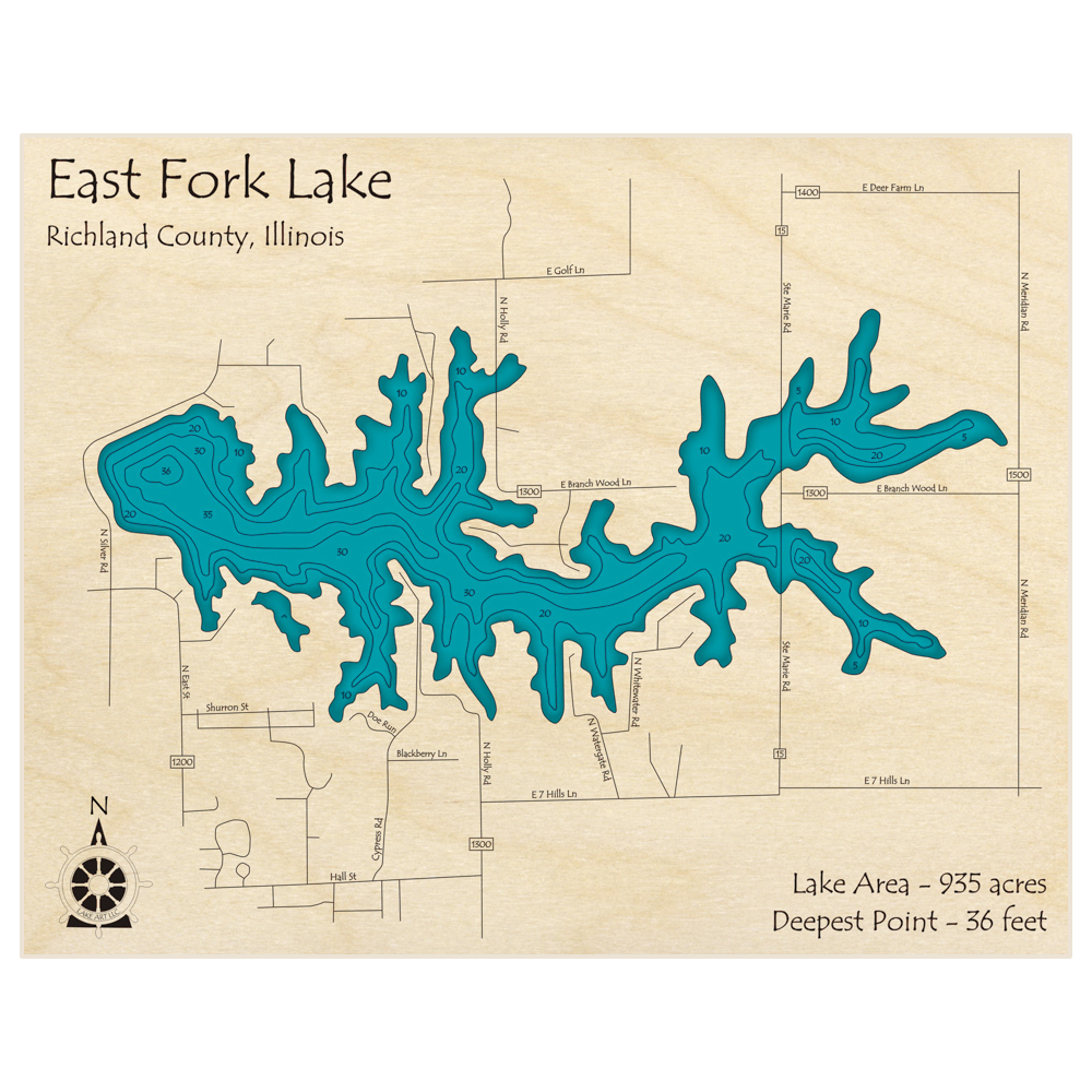 Bathymetric topo map of East Fork Lake with roads, towns and depths noted in blue water