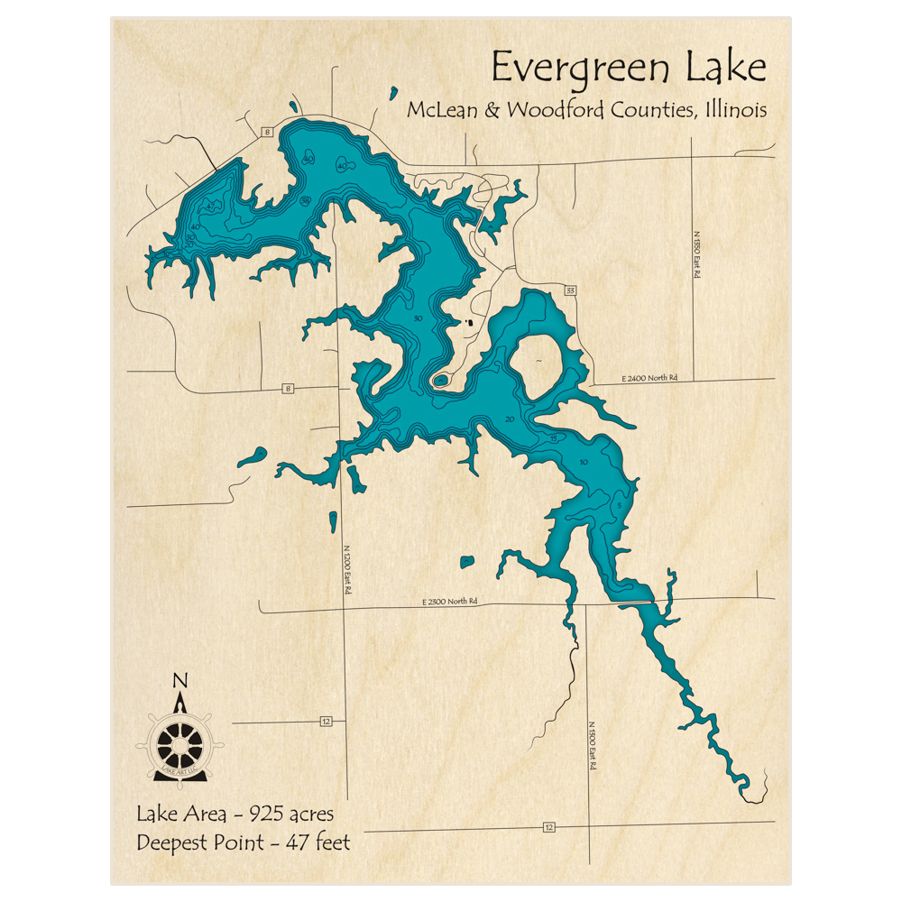 Bathymetric topo map of Evergreen Lake with roads, towns and depths noted in blue water