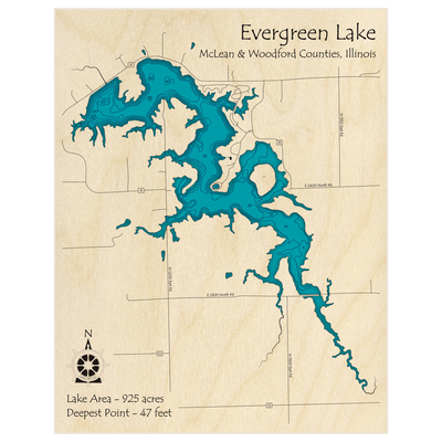 Bathymetric topo map of Evergreen Lake with roads, towns and depths noted in blue water