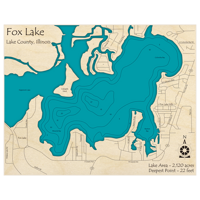 Bathymetric topo map of Fox Lake with roads, towns and depths noted in blue water