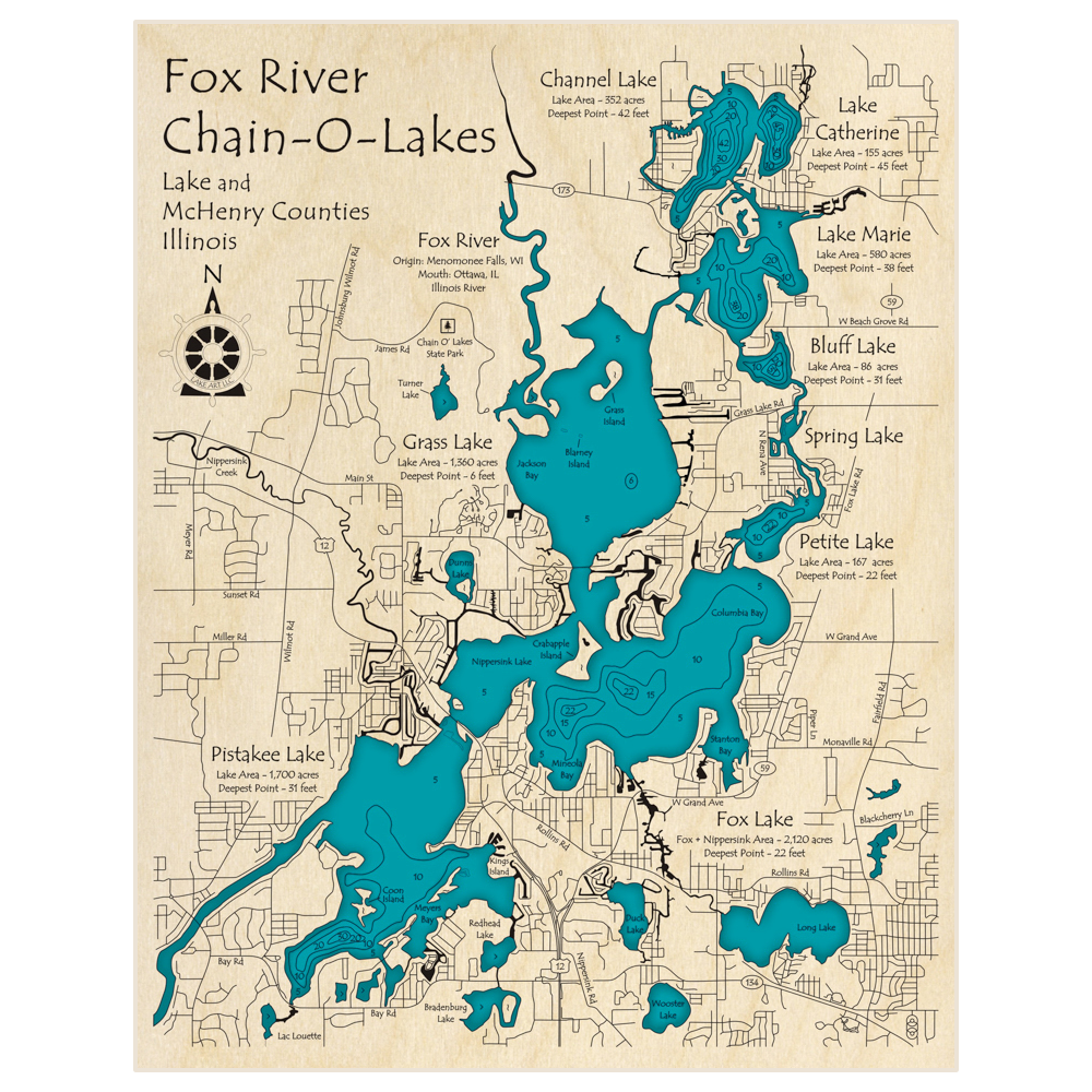 Bathymetric topo map of Fox River Chain-O-Lakes with roads, towns and depths noted in blue water
