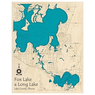 Bathymetric topo map of Fox Lake and Long Lake with roads, towns and depths noted in blue water