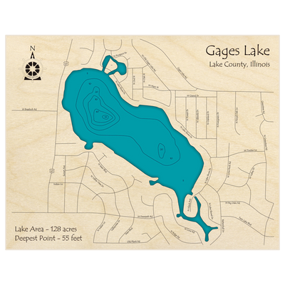 Bathymetric topo map of Gages Lake with roads, towns and depths noted in blue water