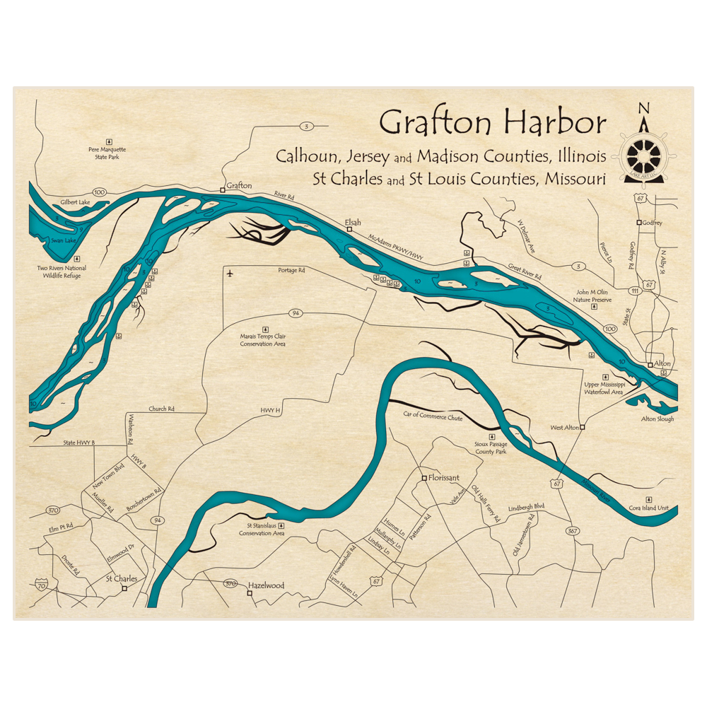 Bathymetric topo map of Grafton Harbor Region with roads, towns and depths noted in blue water